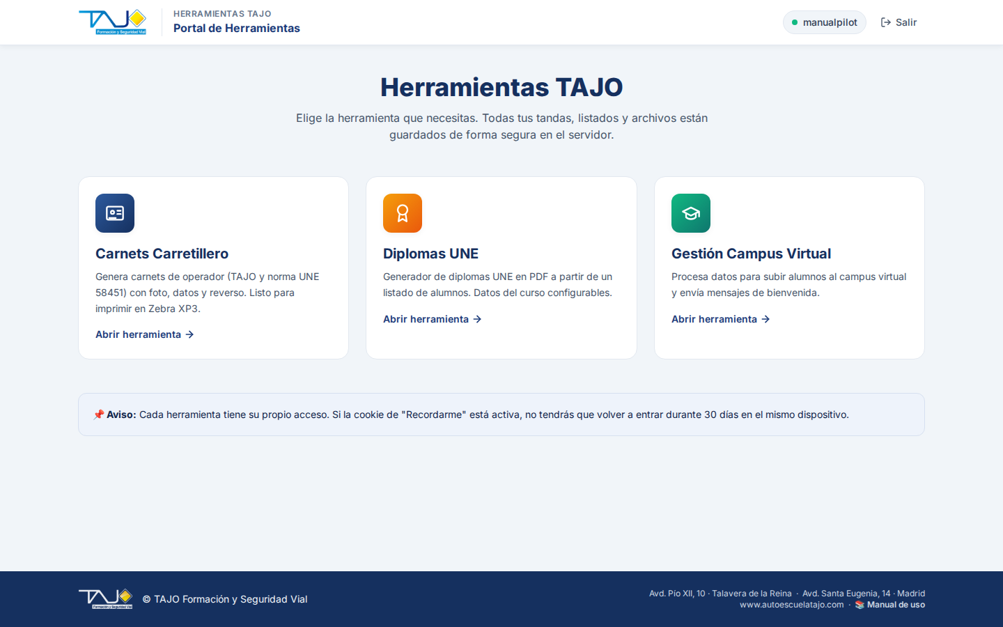 Pantalla principal del portal con las 3 tarjetas
